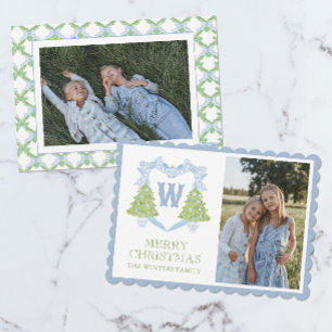 Blue Chinoiserie Christmas Tree Monogram Crest Holiday Card