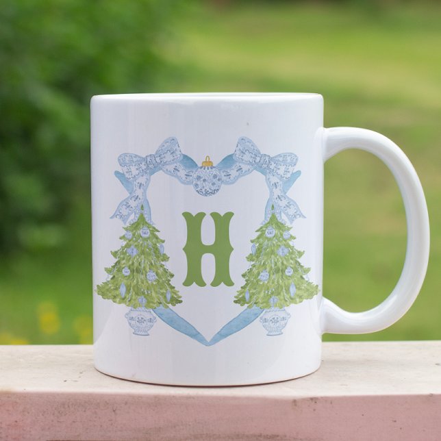 Blue Chinoiserie Christmas Tree Monogram Crest Two-Tone Coffee Mug (Creator Uploaded)