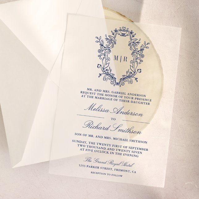 Blue Chinoiserie Crest Monogram Wedding Vellum Invitations (Creator Uploaded)