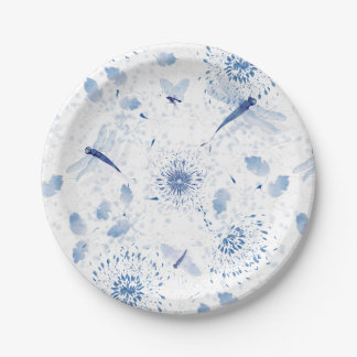 Blue Chinoiserie Dragonfly Floral Paper Plate