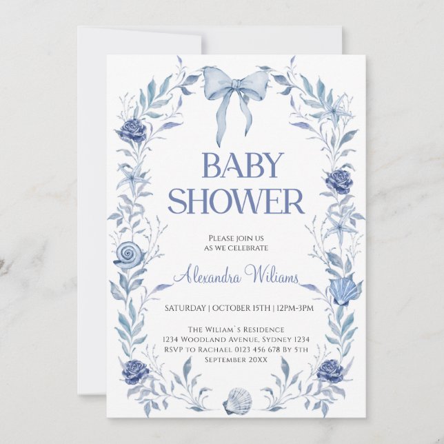  Blue Chinoiserie Floral Baby shower  Invitation (Front)
