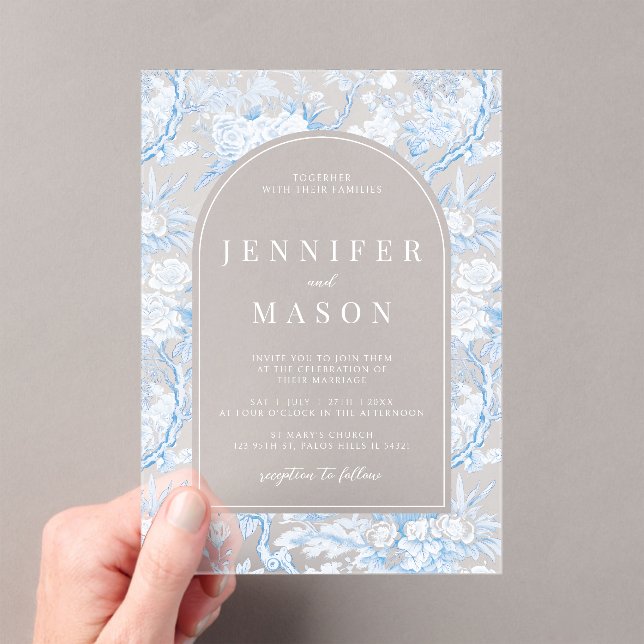 Blue Chinoiserie Floral Boho Arch Wedding  Acrylic Invitations (Insitu (Handheld))