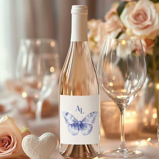 Blue Chinoiserie Floral Botanical Wedding Wine Label (Creator Uploaded)