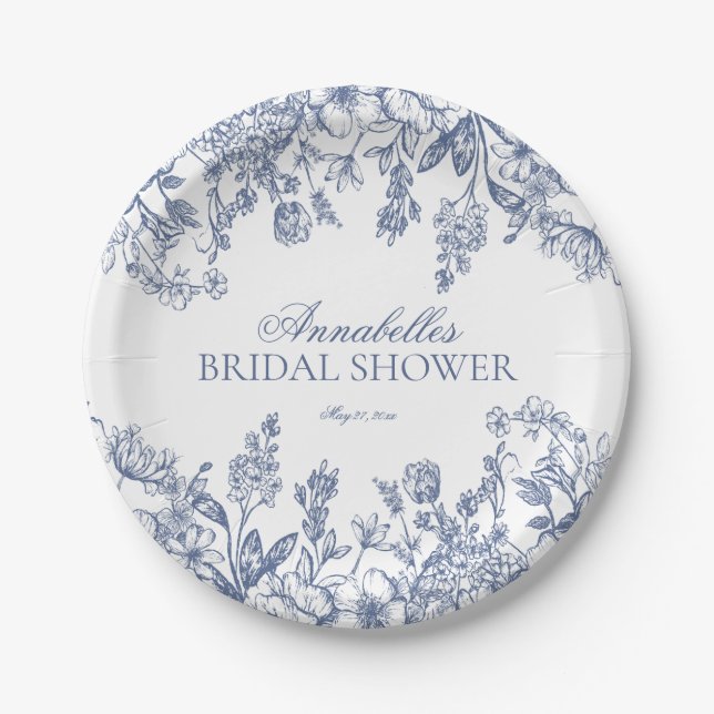 Blue Chinoiserie Floral Bridal Shower Dessert Paper Plate (Front)