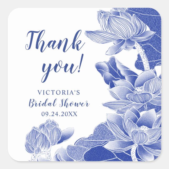 Blue Chinoiserie Floral Bridal Shower Thank You Square Sticker (Front)