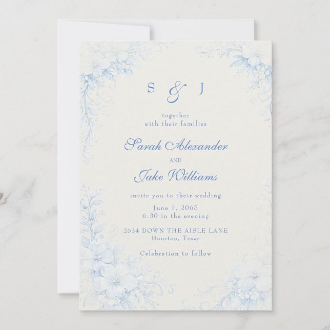 Blue Chinoiserie Floral Cream Wedding Invitation (Front)