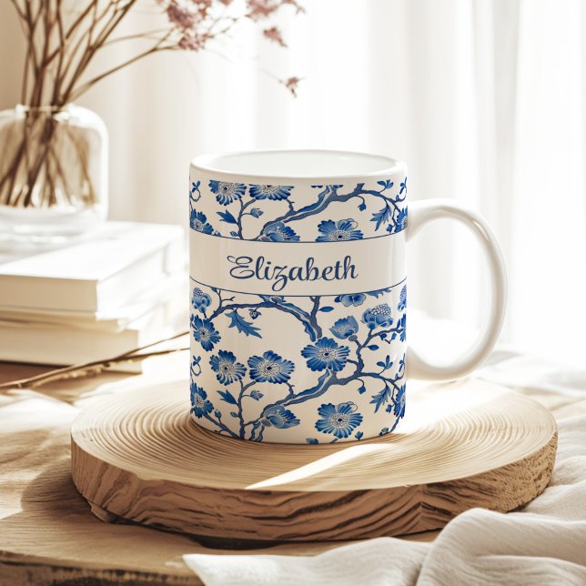 Blue Chinoiserie Floral Custom Name Coffee Mug (Blue Chinoiserie Floral Custom Name Coffee Mug on a sunny neutral boho kitchen table.)
