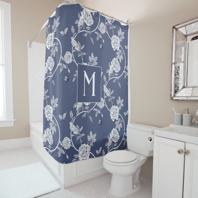 Blue Chinoiserie Floral Monogram Shower Curtain (In Situ)