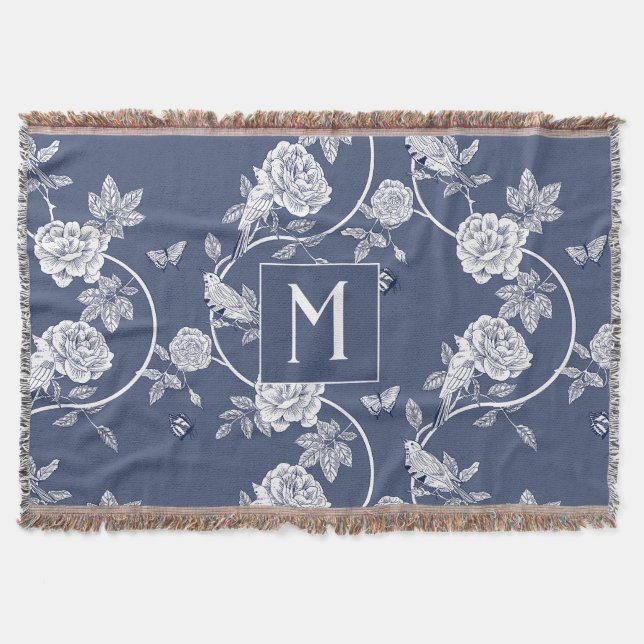 Blue Chinoiserie Floral Monogram Throw Blanket (Front)
