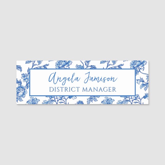 Blue Chinoiserie Floral Name Tag (Front)