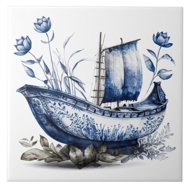 Blue Chinoiserie Floral Sailboat Tile (Front)
