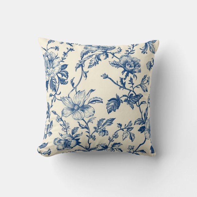 Blue Chinoiserie Floral Vintage Botanical  Cushion (Front)