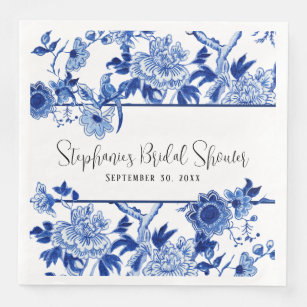 Blue Chinoiserie Floral Watercolor Bridal Shower   Napkin