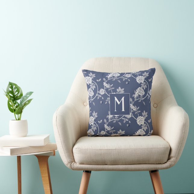 Blue Chinoiserie Flowers Monogram Cushion (Chair)