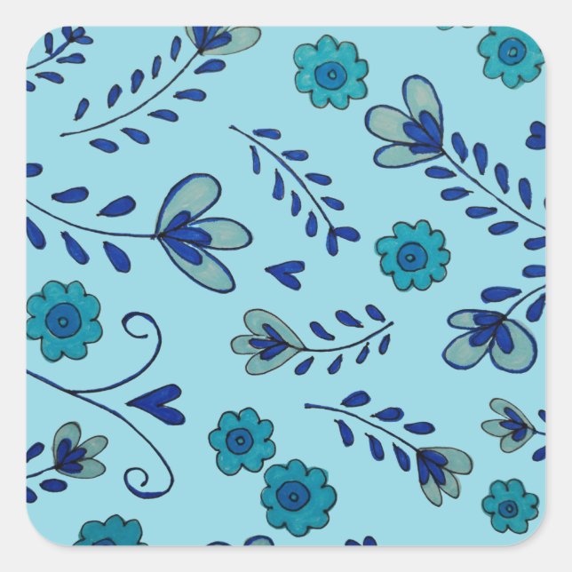 Blue chinoiserie flowers square sticker (Front)