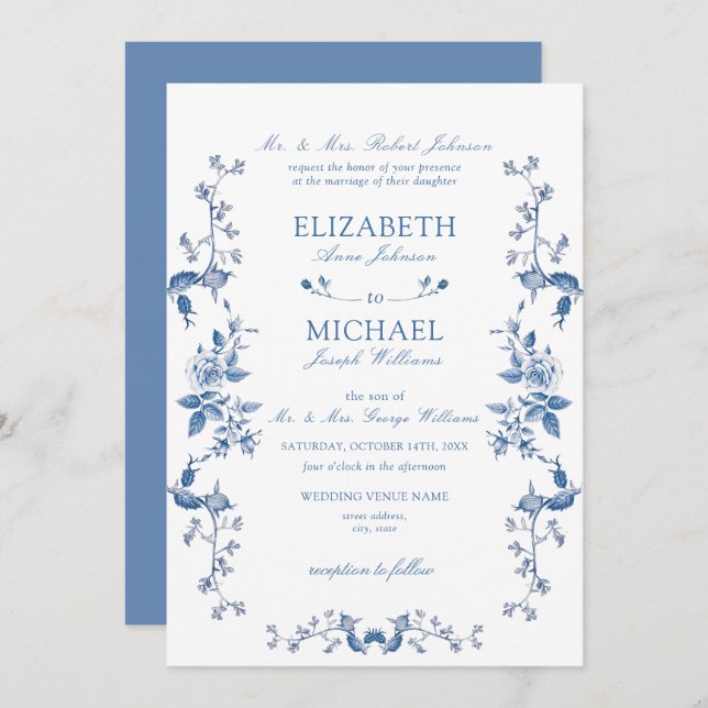Blue Chinoiserie French Vintage Victorian Wedding Invitation (Front/Back)