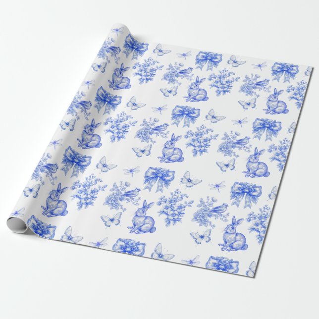 Blue Chinoiserie Garden Rabbit  Wrapping Paper (Unrolled)