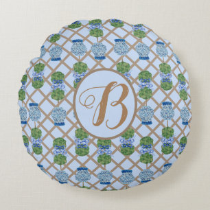 Blue Chinoiserie Ginger Jar Jars Topiary basket Round Cushion