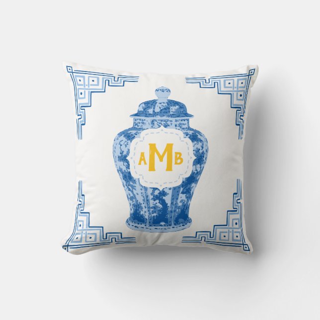 Blue Chinoiserie Ginger Jar Monogram Cushion (Front)
