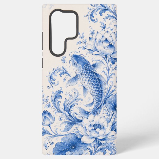 Blue Chinoiserie Koi Lotus Phone Case (Back)