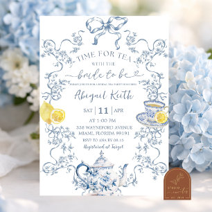 Blue Chinoiserie Lemon Bridal Tea Party Invitation