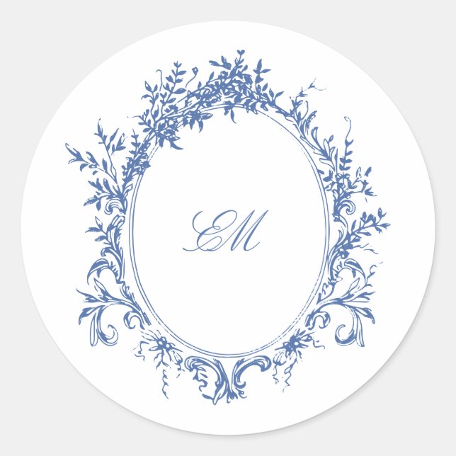 Blue Chinoiserie Monogram Crest Wedding Logo Classic Round Sticker (Front)