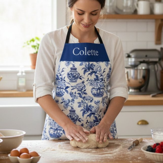 Blue Chinoiserie Monogram Name Apron (Creator Uploaded)