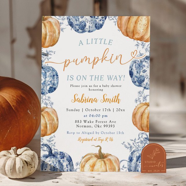 Blue Chinoiserie Orange Pumpkin Baby Shower Invitation (Creator Uploaded)
