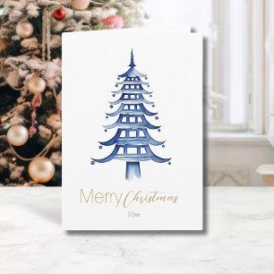 Blue Chinoiserie Pagoda Christmas Tree Card