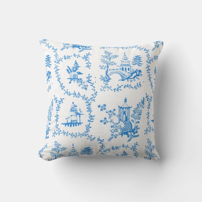 Blue Chinoiserie Pagoda Cushion (Front)