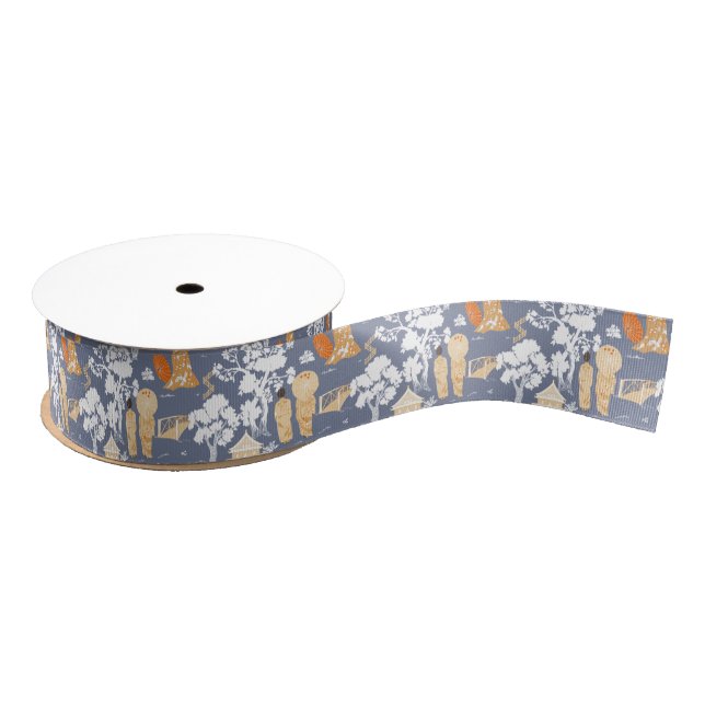 Blue Chinoiserie Pagodas Grosgrain Ribbon (Spool)