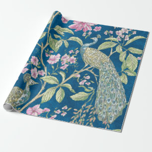 Blue Chinoiserie peacock floral decoupage Wrapping Paper