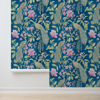 Blue Chinoiserie peacock floral peel and stick Wallpaper