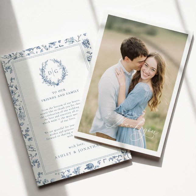 Blue Chinoiserie Photo Wedding Thank You Card (Creator Uploaded)