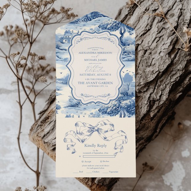 Blue Chinoiserie Porcelain Botanical Peony Wedding All In One Invitation (Creator Uploaded)