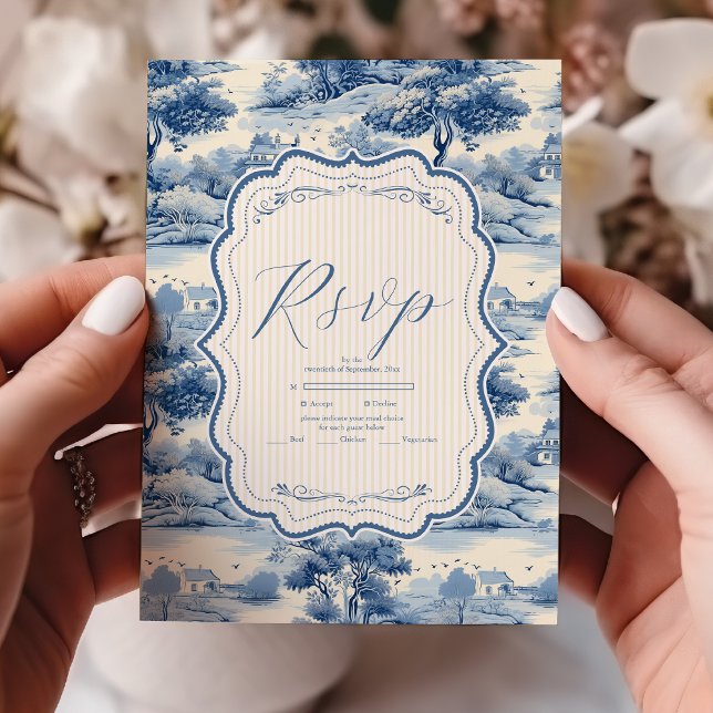 Blue Chinoiserie Porcelain Botanical Peony Wedding RSVP Card (Creator Uploaded)