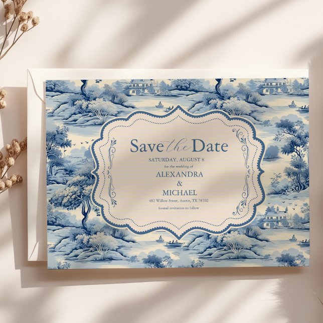 Blue Chinoiserie Porcelain Botanical Peony Wedding Save The Date (Creator Uploaded)