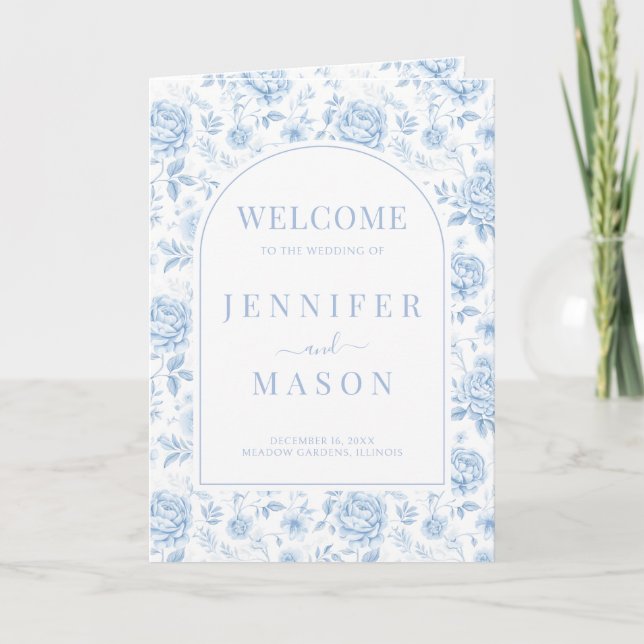 Blue Chinoiserie Porcelain Floral Wedding foldable Programme (Front)