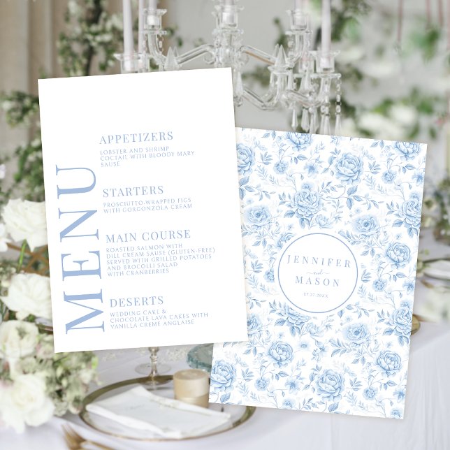 Blue chinoiserie porcelain floral wedding menu (Creator Uploaded)