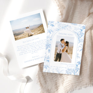 Blue Chinoiserie porcelain floral Wedding photo  Thank You Card