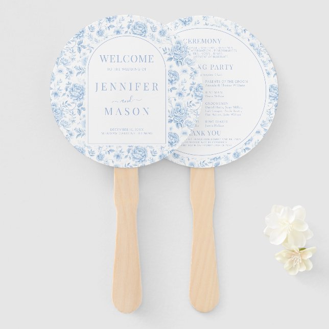 Blue Chinoiserie Porcelain Floral Wedding Program Hand Fan (Front and Back)