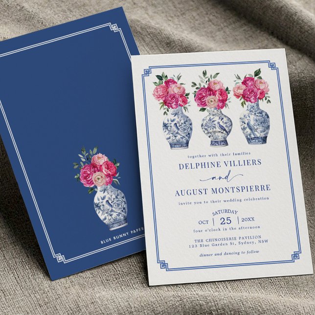 Blue Chinoiserie Porcelain Pink Peonies Wedding Invitation (Creator Uploaded)