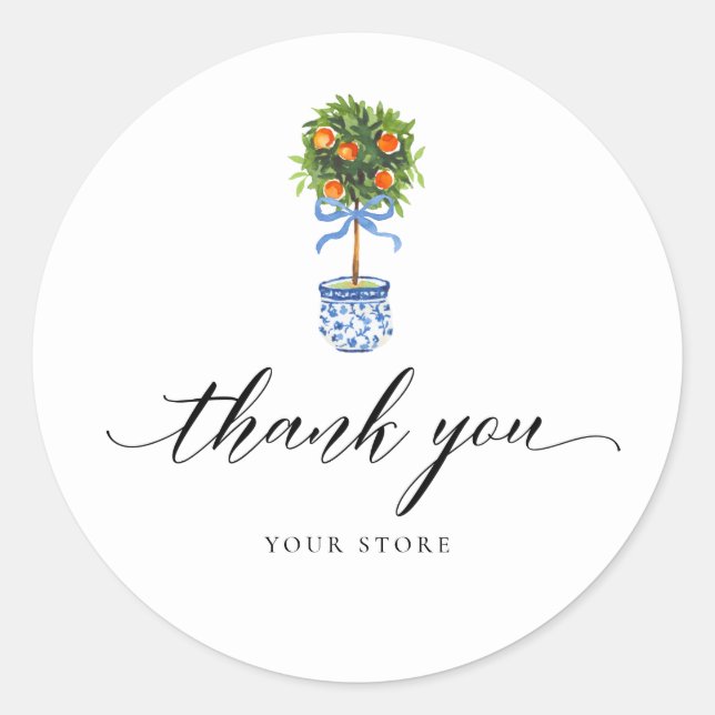 Blue Chinoiserie Pottery Orange Topiary Thank You Classic Round Sticker (Front)