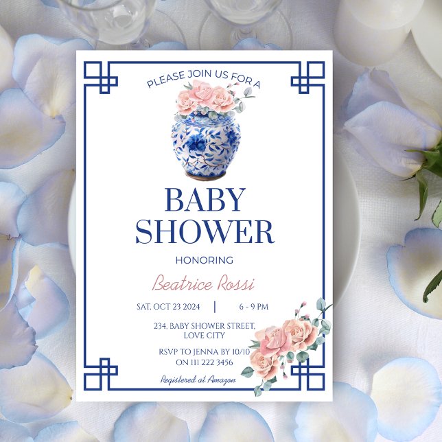 Blue Chinoiserie Preppy Ginger Jar Baby Shower Invitation (Blue Chinoiserie Preppy Ginger Jar Baby Shower Invitation)