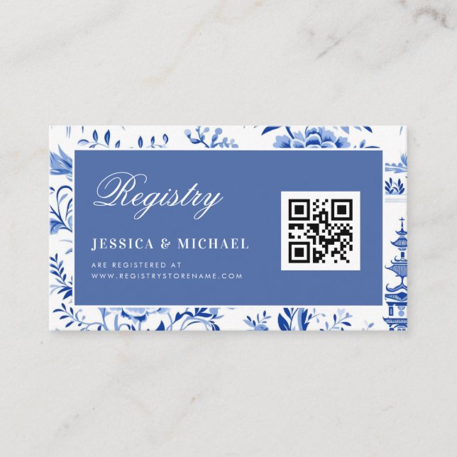 Blue Chinoiserie QR Code Bridal Shower Registry  Enclosure Card (Front)