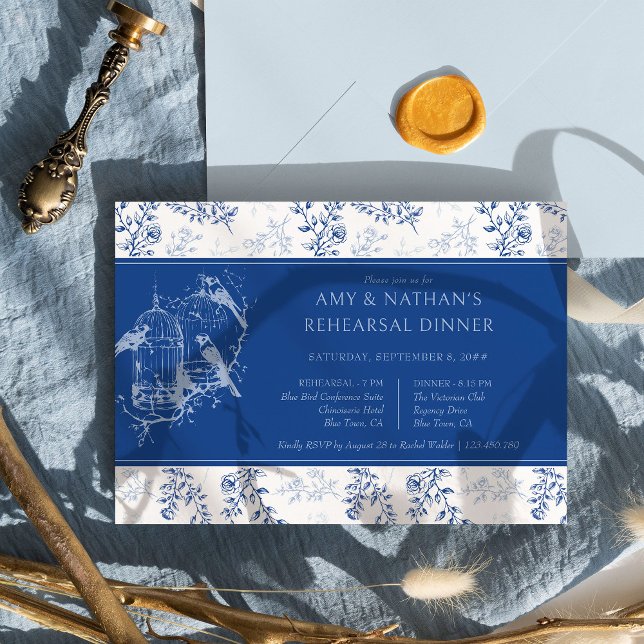 Blue Chinoiserie Romantic Wedding Rehearsal Dinner Invitation (Blue Wedding Rehearsal Dinner Invitation from the Chinoiserie Wedding Collection by Darling & May)