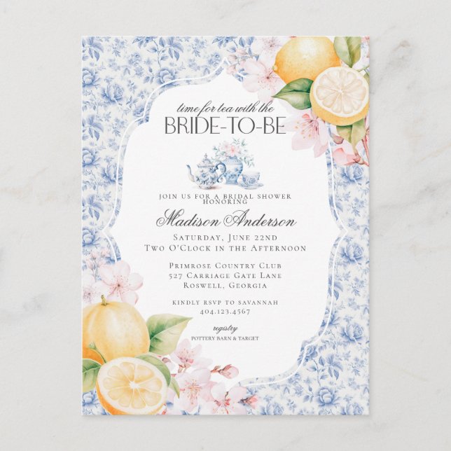 Blue Chinoiserie Tea Party Bridal Shower Toile Postcard (Front)