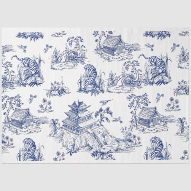 Blue Chinoiserie Tiger Blue Flow Decoupage  Tissue Paper (Front)