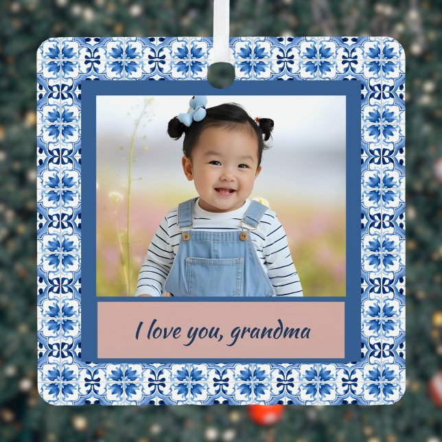 Blue Chinoiserie Tile Photo Grandma Christmas Metal Tree Decoration (Creator Uploaded)