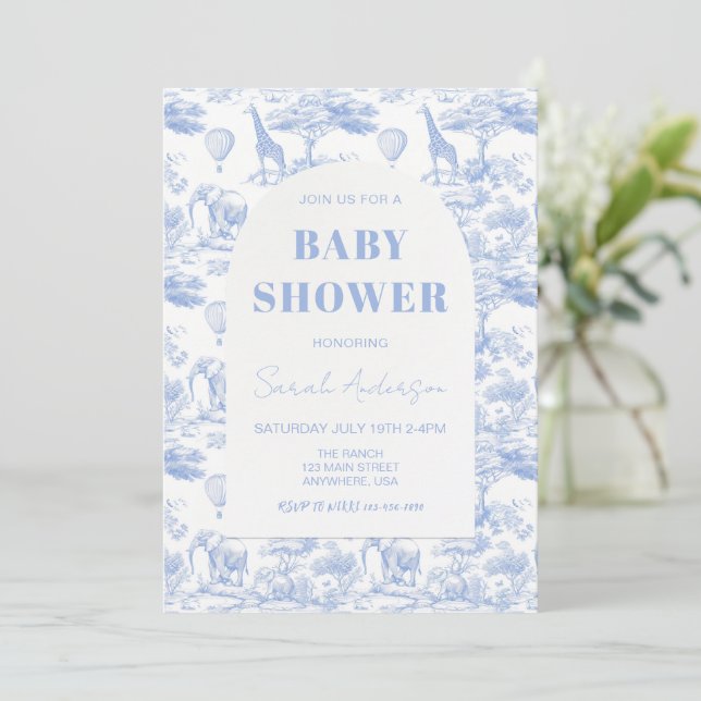 Blue Chinoiserie Toile de Jouy Baby Shower Invitation (Standing Front)